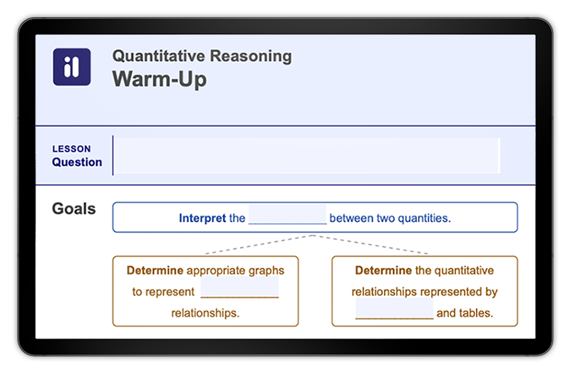 Screenshot of an Imagine Edgenuity lesson featuring fillable guided notes. At the top of the screenshot, the name of the lesson is "Quantitative Reasoning Warm-Up."