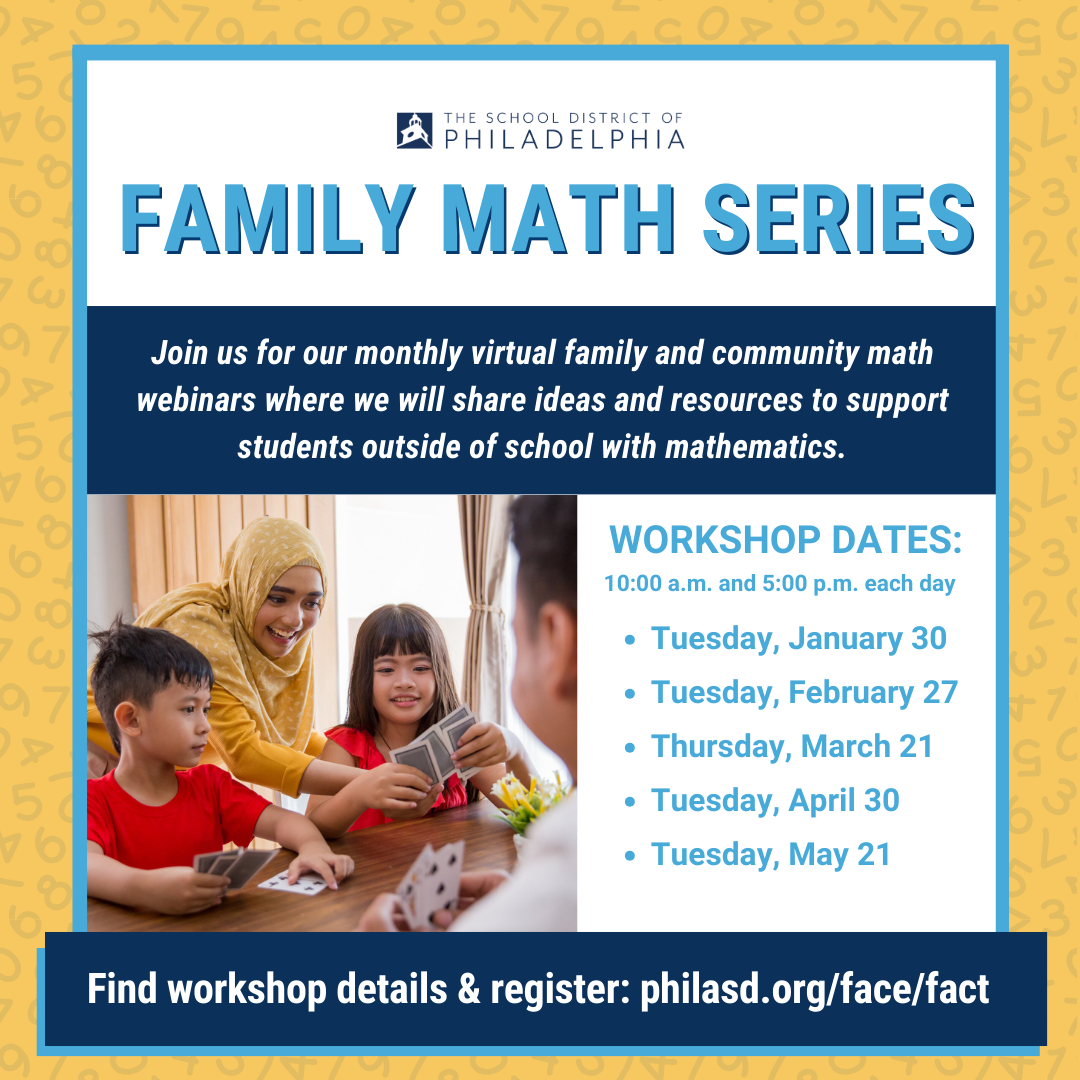 Graphic detailing workshop dates for the Family Math Series