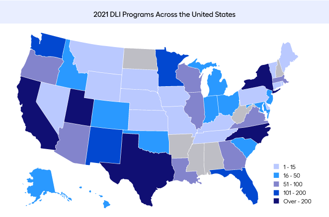 Map of United States showing the 2021 DLI Programs 