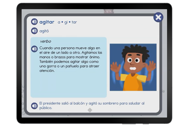 Screenshot from Imagine Español showing the vocabulary word agitar