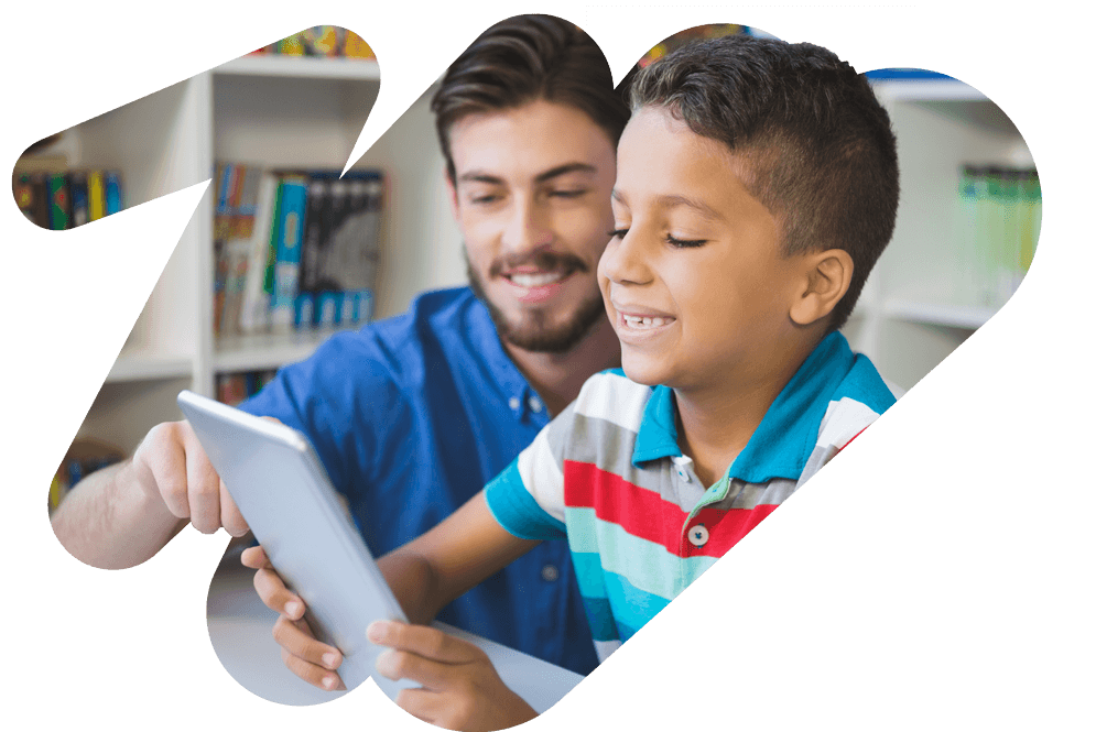 Child and teacher using tablet for online learning