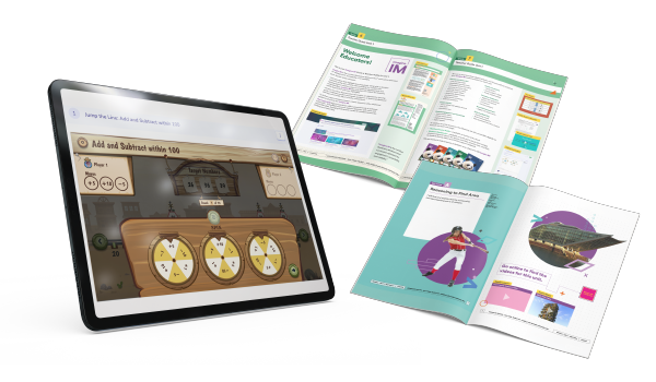 A tablet and workbooks showing Imagine IM curriculum