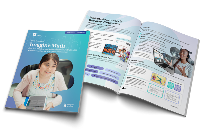 A render of the Imagine Math catalog front page and inner spread