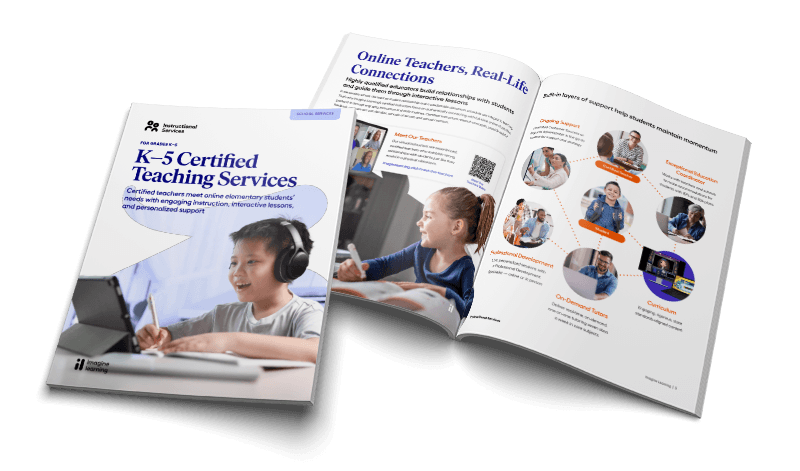 A render of the K–5 Certified Teaching Services catalog front page and inner spread