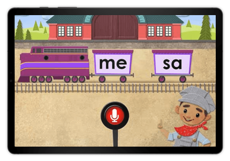 Screenshot of an interactive Imagine Español lesson, featuring a cartoon child dressed as a train conductor giving a thumbs up in front of a train pulling cars with syllables in them.