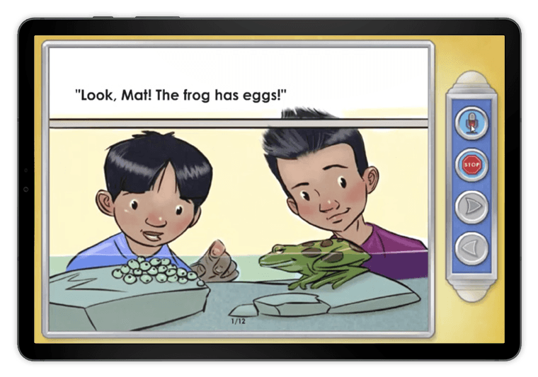 Screenshot of an Imagine Language & Literacy lesson. Two illustrated characters, both young boys, are looking at a frog. One character says, "Look, Mat! The frog has eggs!"