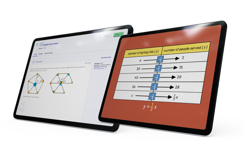 Two tablets featuring math equations from the Imagine IM digital platform, designed for grades K–12. 