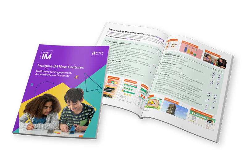 Two promotional brochures for the Imagine IM math program, showcasing new product features and tools for grades K-12. 