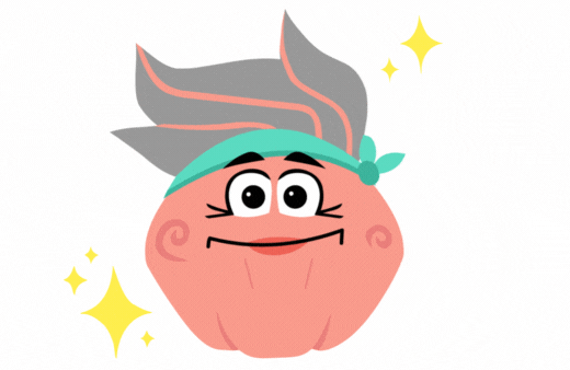 An older, peach-colored character named Alva, with a teal headband and grey and peach hair.