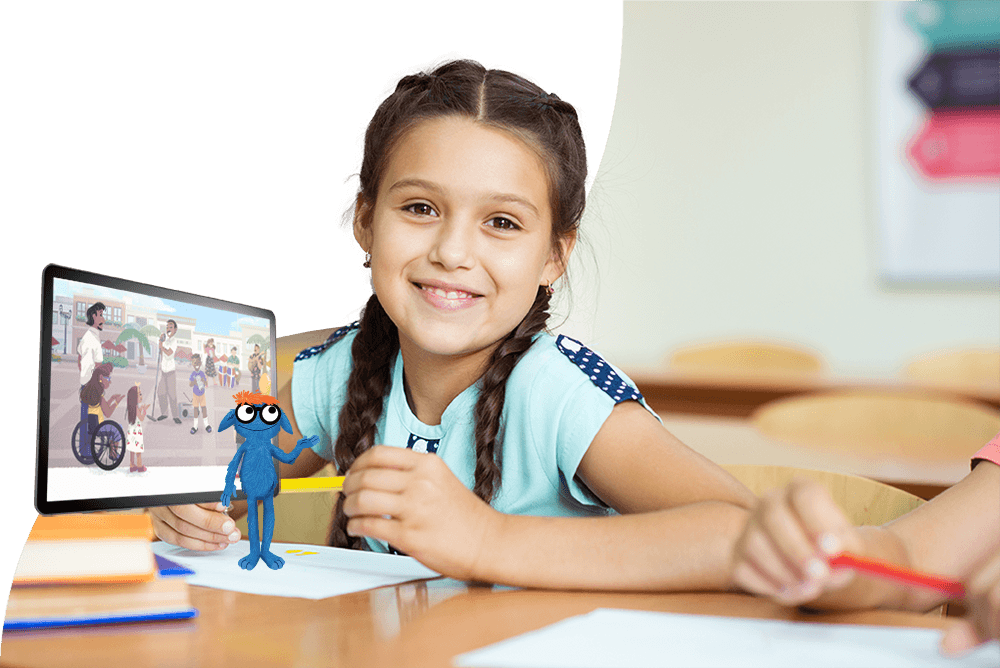 Elementary student holding a pencil and smiling at a desk with a tablet and Imagine Learning character nearby