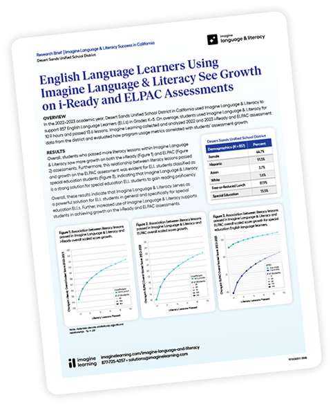 First page of "English Language Learners Using Imagine Language & Literacy See Growth" research brief. 