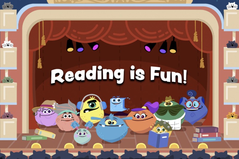 Screenshot of an Imagine Language & Literacy lesson with the Mazels and "Reading is Fun!" written over them