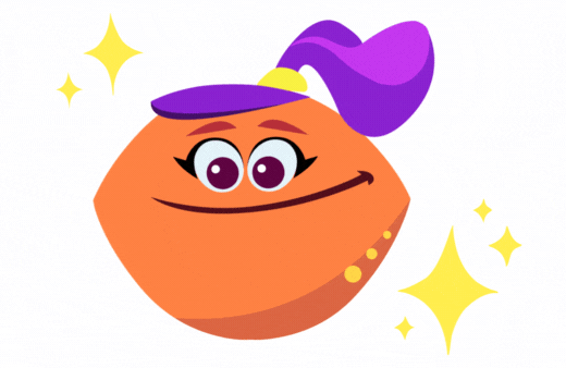 Orange cartoon character with purple ponytail, named Lexi. 