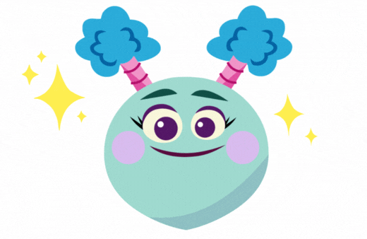 Mint-green cartoon character with pink and blue pigtails, named Novella. 