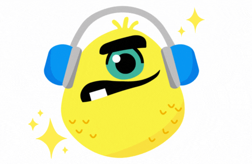 A yellow cartoon character named Boom, with a single green eye, large eyebrow, and blue headphones. 