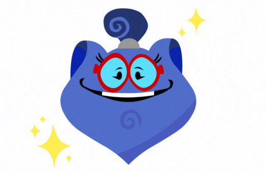 A purple genie cartoon character, Dr. Phoenician, with red glasses and a purple swirly ponytail.