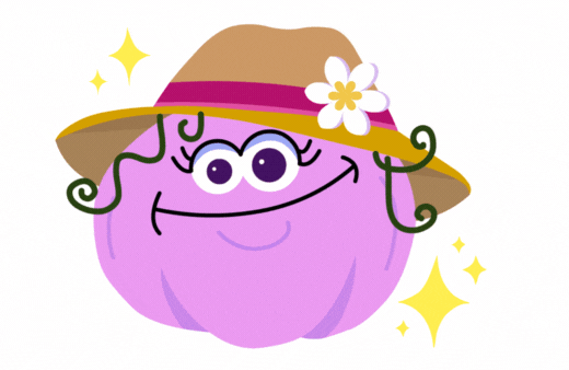 A lavender cartoon character with a straw hat, Shawn Dean. 