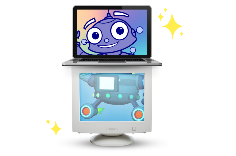 Modern laptop placed on top of older monitor with images of Booster the robot on each. 