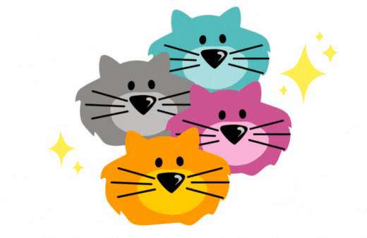 Four cartoon cats, one mint green, one gray, one pink, and one orange.