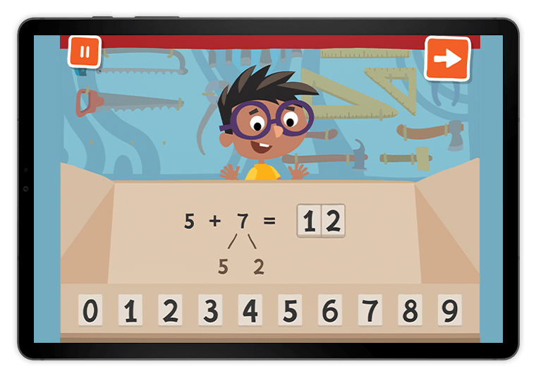 Screenshot of an Imagine Math interactive lesson involving addition. A cartoon boy wearing glasses stands in front of a wall of tools and behind a table with numbers placed upon it.