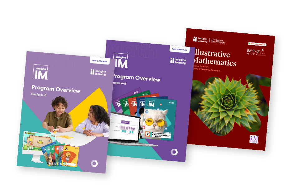 Three program overview brochures highlighting curriculum tools and features from Imagine IM, designed for grades K–5, 6–8, and 9–12.