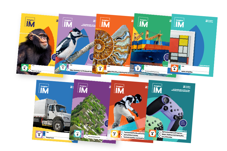 Nine program samples from the Imagine IM teacher unit guides and student workbooks for grades K–8. 