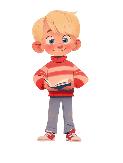 Illustration of a young boy with blond hair in a red striped sweater and red sneakers, holding an open book.