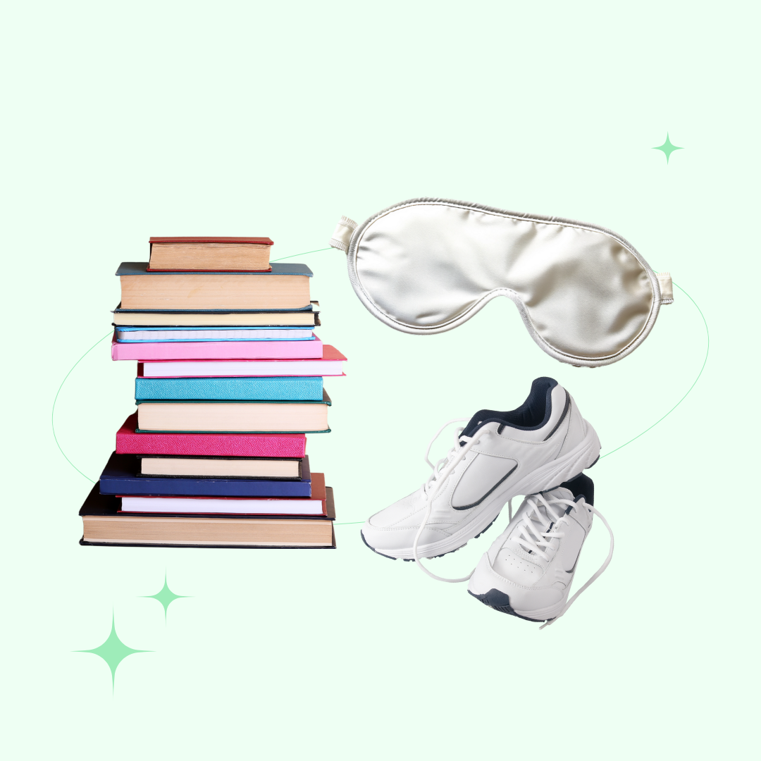 Image of books, an eye mask and a pair of sneakers