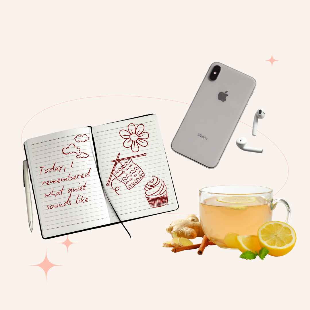 Image of journal, iphone with unplugged headphones and a cup of ginger and lemon tea.