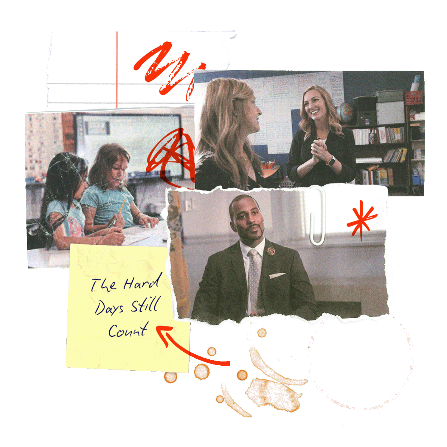 Artistic collage of two students, a teacher, and a student and a teacher presenting.
