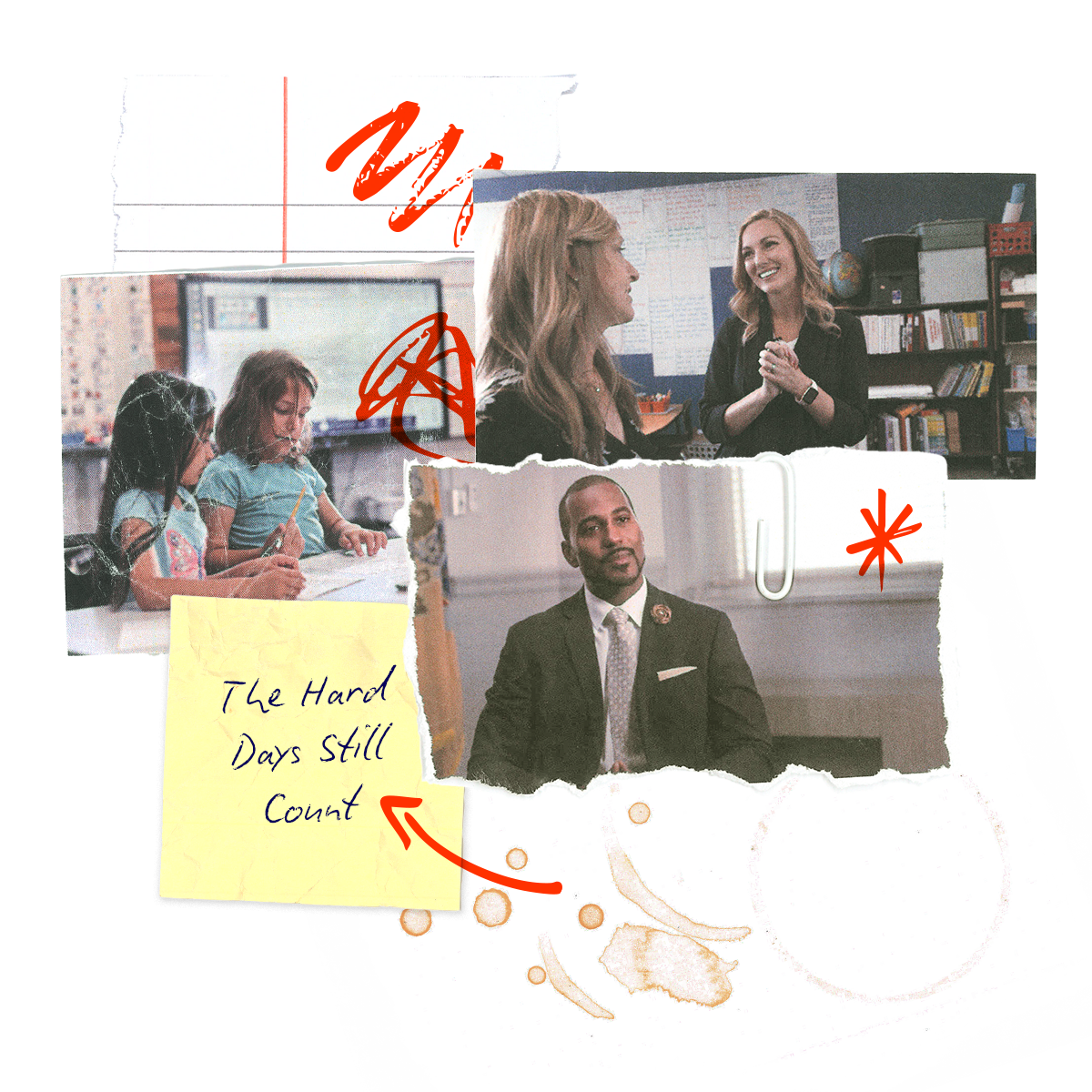 Artistic collage of two students, a teacher, and a student and a teacher presenting.