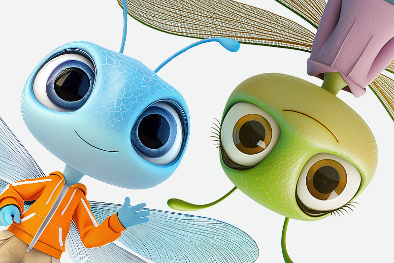 Two Dragonfly characters looking at the viewer