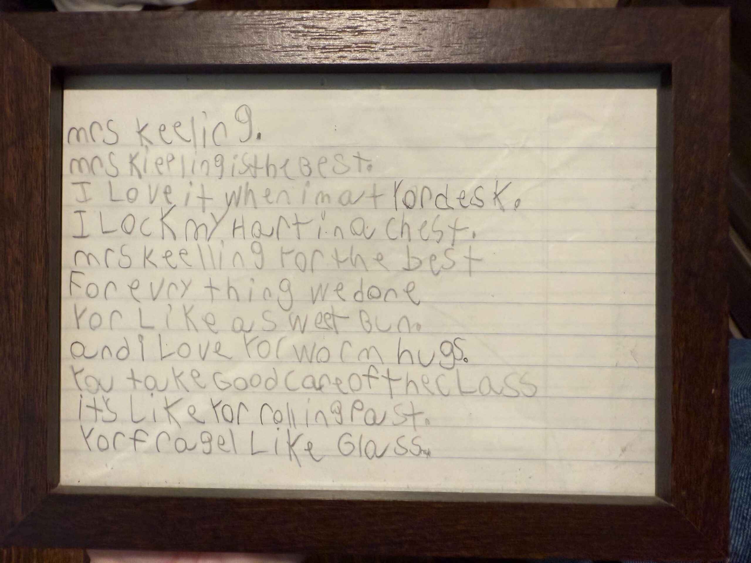 An image of a hand written note from a child to Lauren Keeling
