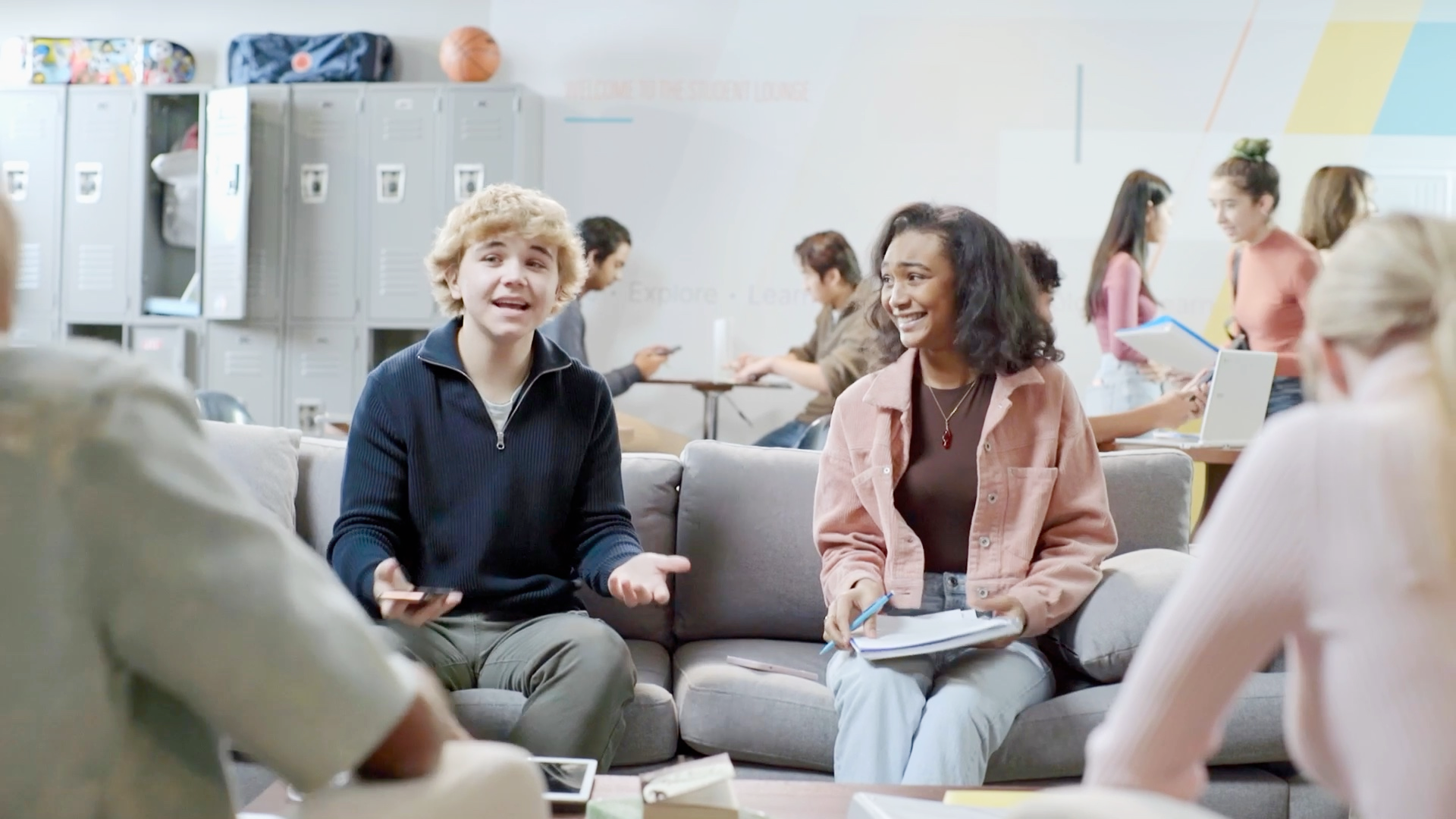 Students discussing schoolwork.