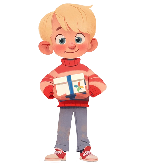 Illustration of a young boy with blond hair in a red striped sweater and red sneakers, holding an open book.
