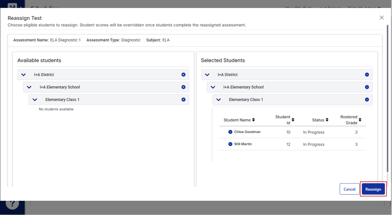 Student reassignment page for Imagine Plus Assignment