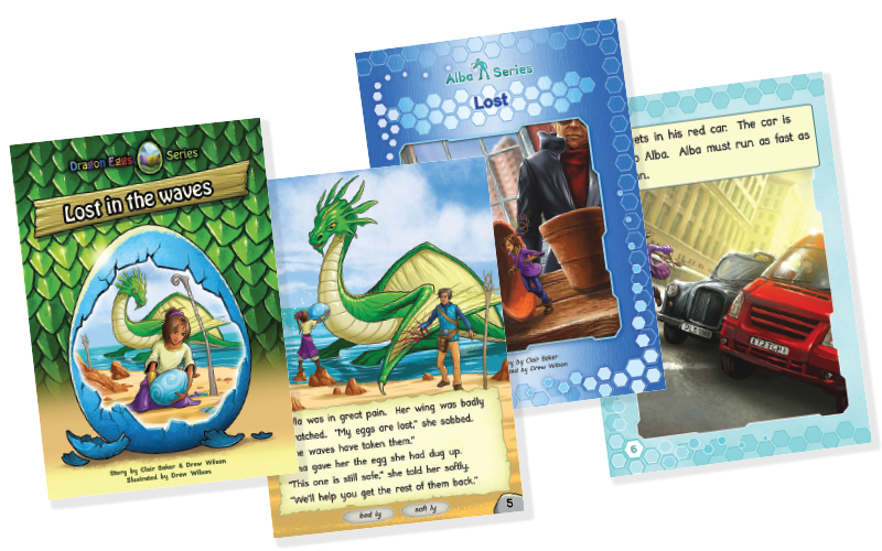 Cover art and pages of Imagine Sonday System decodable PhonicBooks readers