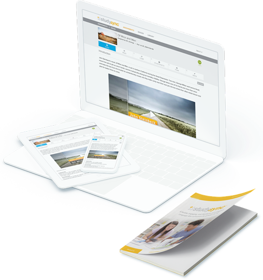 Example of StudySync curriculum on laptop and print piece.