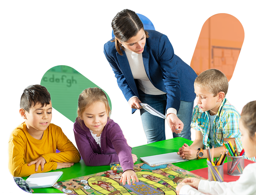 Teacher and young student reading book together