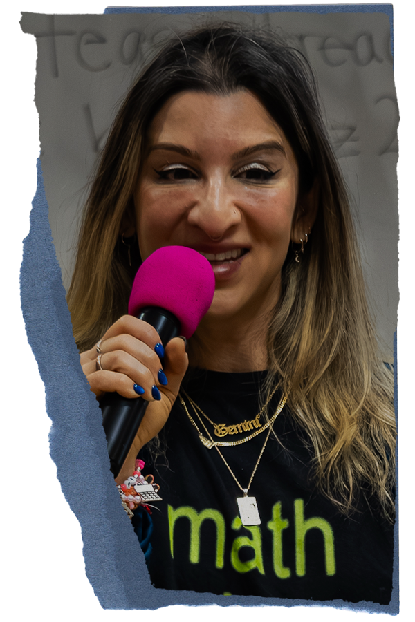 A brunette woman with pink mircophone